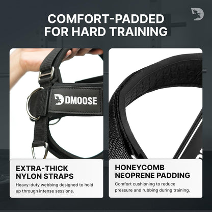 DMoose Fitness Neck Harness for Weight Lifting - Soft Padded Head & Chin Strap with 30" Heavy Duty Steel Chain - Neck Exerciser, Trainer & Strengthener to Support Injury Recovery and Intense Workouts