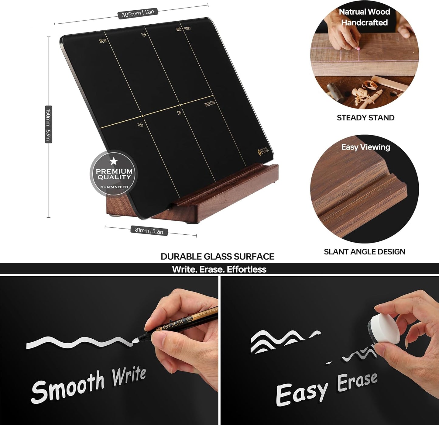 Desktop Glass Weekly Planner Whiteboard with Detachable Wood Stand,Small Portable Dry Erase Calendar to Do List White Board 12x6" for Office, Home, Schools, Marker&Eraser Included, Yeoux