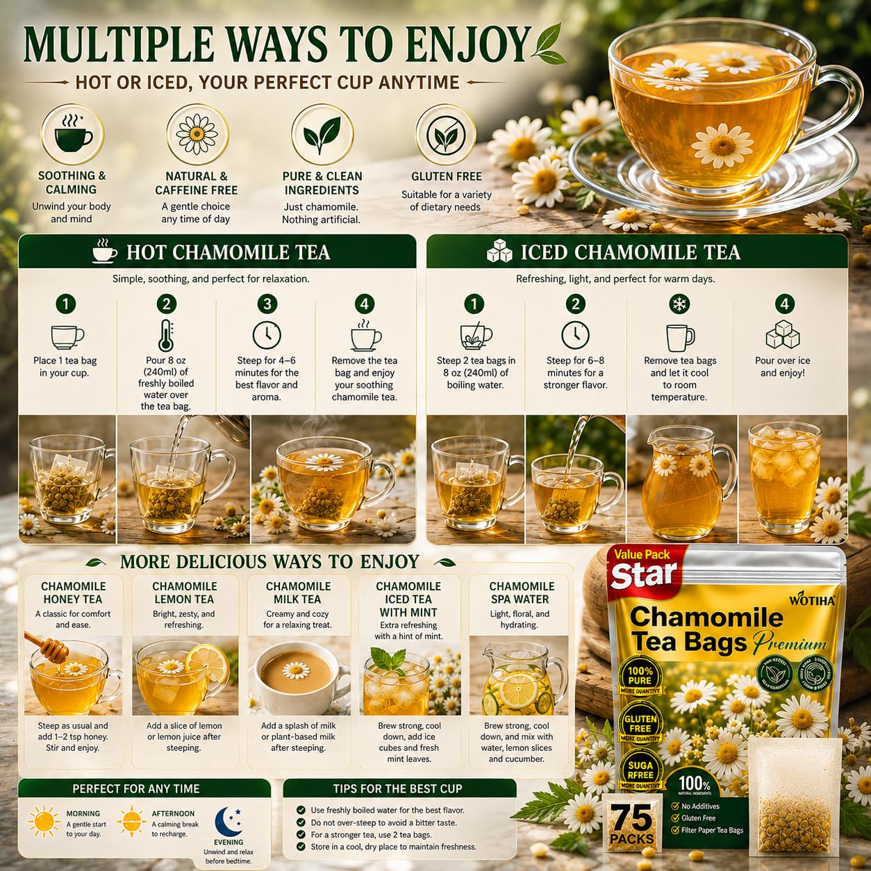 WOTIHA 75 Count Premium Chamomile Tea Bags - Pure Natural Chamomile Flowers, Supports Sleep & Relaxation, Eases Digestion, Caffeine-Free, Additive-Free, Sugar-Free, Vegan, Non-GMO.