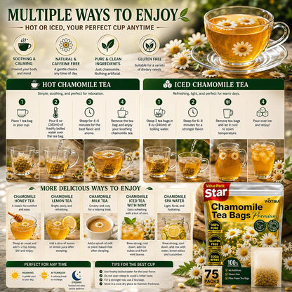 WOTIHA 75 Count Premium Chamomile Tea Bags - Pure Natural Chamomile Flowers, Supports Sleep & Relaxation, Eases Digestion, Caffeine-Free, Additive-Free, Sugar-Free, Vegan, Non-GMO.