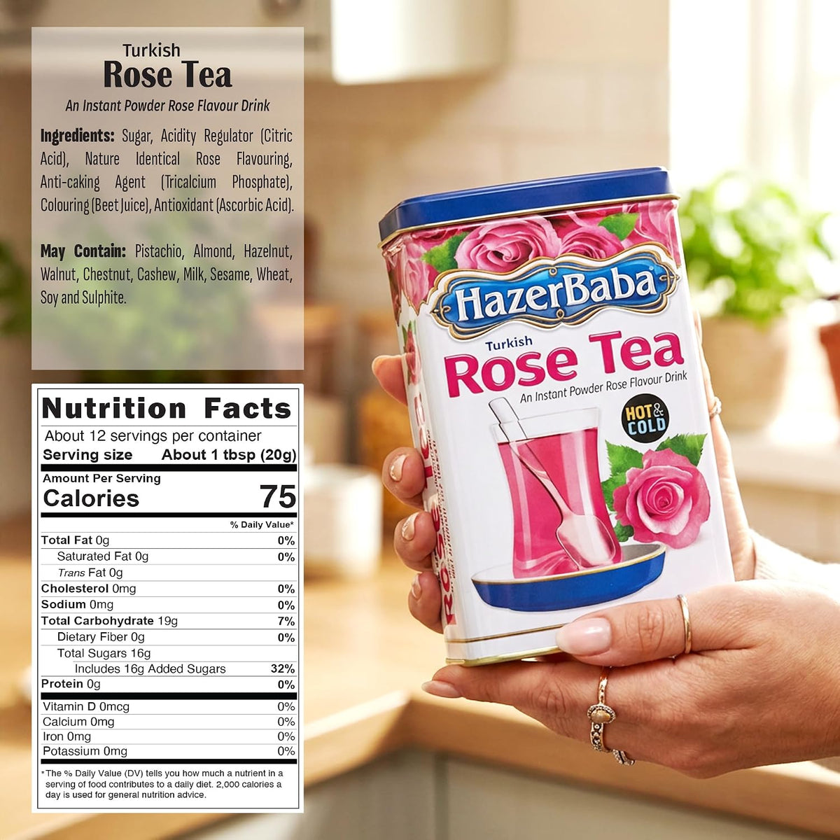 HazerBaba Turkish Rose Tea Powder, Instant Drink 8.8oz (Pack of 1), Kosher