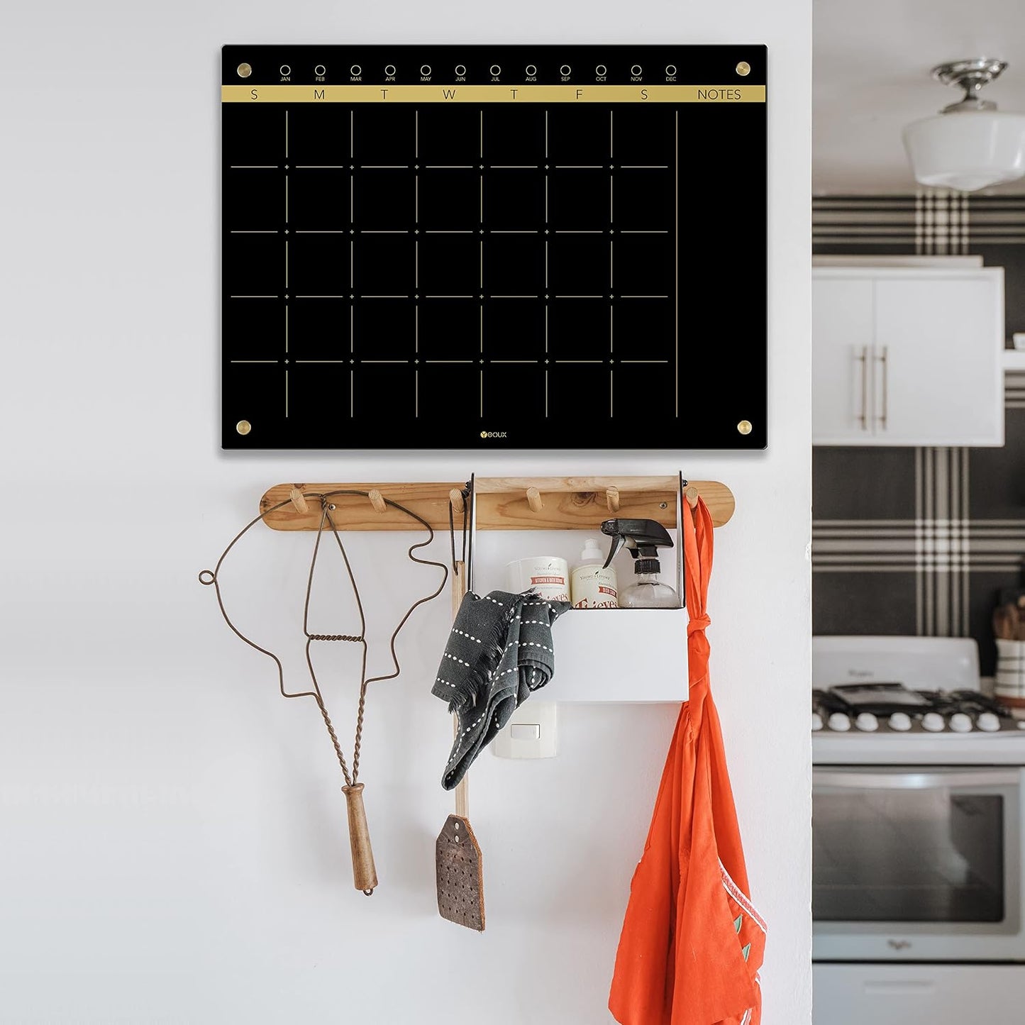 Black Glass Golden Monthly Dry Erase Calendar Whiteboard for Wall, 17" x 23", Frameless Large Planner White Board for Home Kitchen Office, 4 Wet Erase Markers Included, Yeoux