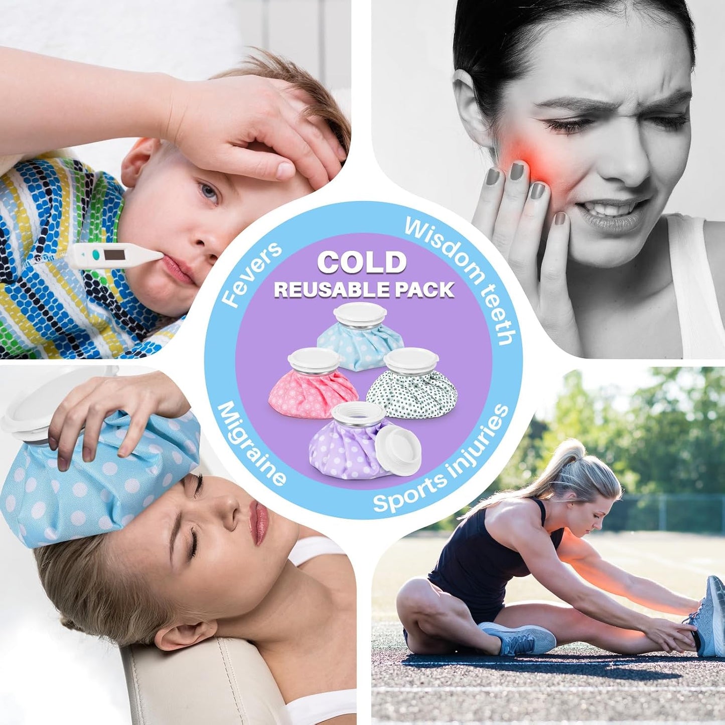 Honoson 4 Pack Reusable Ice Pack for Injuries, Ice Bags Hot Water Bag for Hot & Cold Pain Relief No-Leak Elastic Breathable for Muscle, Joint Pain Swelling, Sports & Home Use(Cute Fruit Style)