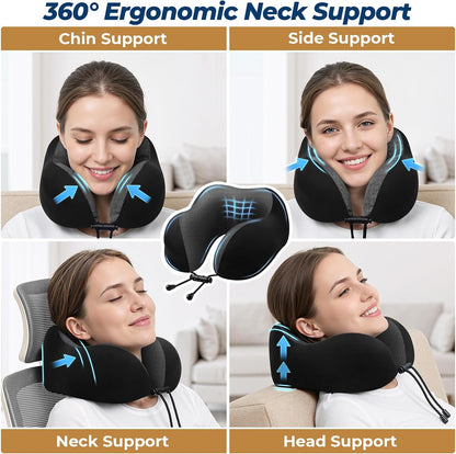 ExploreBliss Travel Pillow, Travel Pillows for Sleeping Airplane, Neck Pillow Airplane, Memory Foam Neck Pillow Set with Eye Mask, Earplugs and Storage Bag -Grey