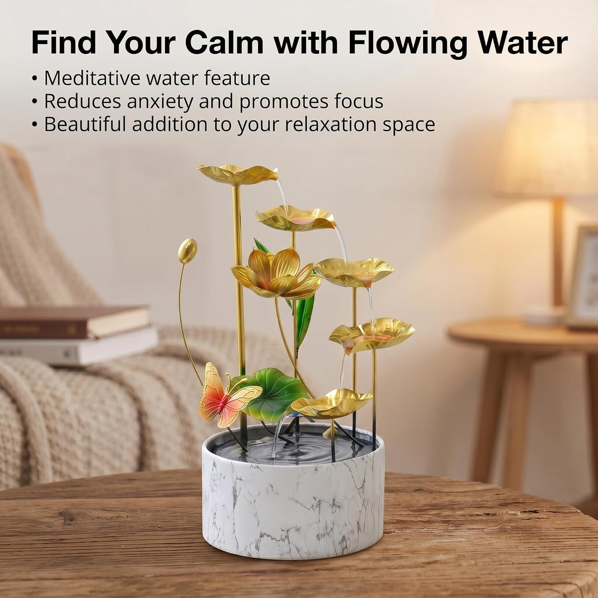 11‘’ H Pink Tabletop Water Fountain, Zen Desktop Waterfall, Indoor Lotus Desktop Decorative Fountain, Home Bathroom Bedroom Decor.