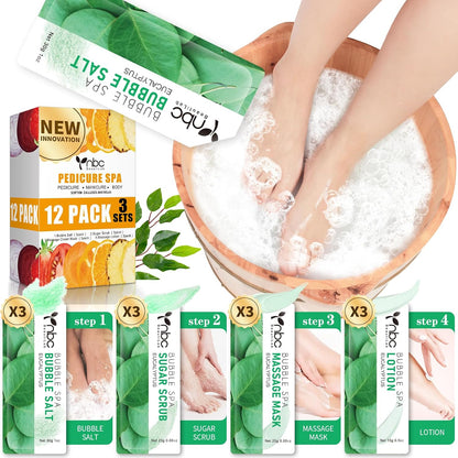 Pedicure Kit Foot Soak Set: Bubble Salt, Sugar Scrub, Massage Mask, Massage Lotion in a Box, 4 Step Foot Spa Kit for Dry Feet, Softens Calluses, Tired Feet（3 Set Lavender) - Colors B