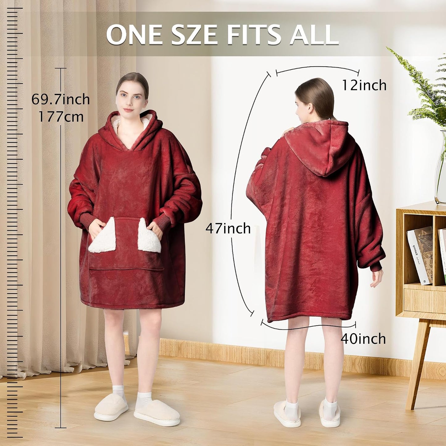 Touchat Wearable Blanket Hoodie, Oversized Sherpa Blanket Sweatshirt with Hood Pocket and Sleeves, Super Soft Warm Plush Hooded Blanket for Adult Women Men, One Size Fits All (Pink)