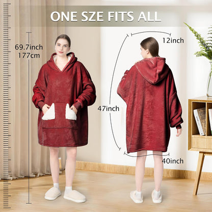 Touchat Wearable Blanket Hoodie, Oversized Sherpa Blanket Sweatshirt with Hood Pocket and Sleeves, Super Soft Warm Plush Hooded Blanket for Adult Women Men, One Size Fits All (Pink)
