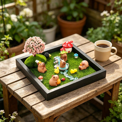 Dreamgirnh 18Pcs Capybara Fairy Zen Mini Garden Kit, 7In Wood Tray Desk Decor