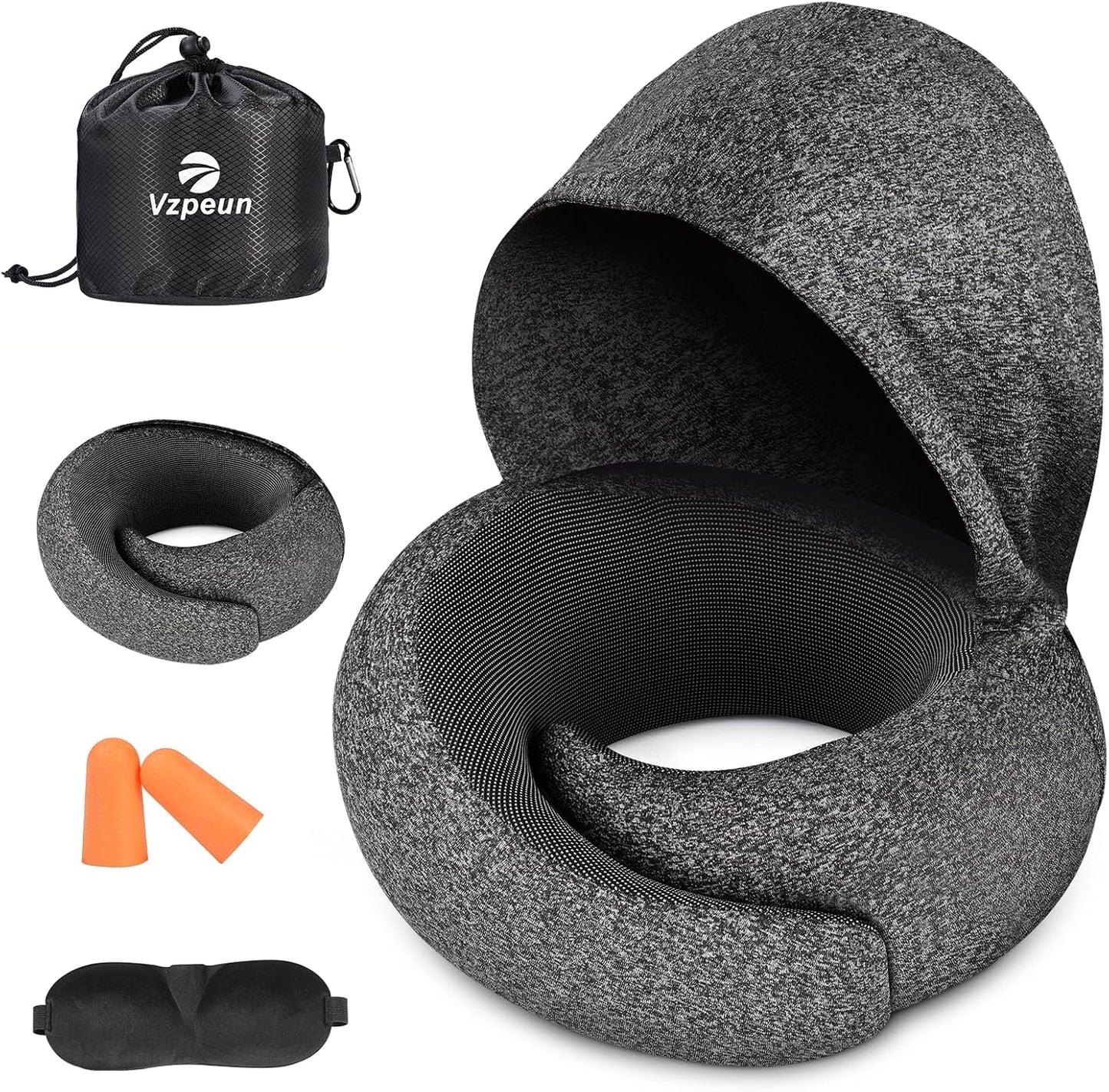 Travel Pillow - Hooded Neck Pillow Airplane Memory Foam Filling for Plane, Office, Cars Sleeping, Road Trip, Long Flights, Airplane Travel Essentials, Includes Eye Mask & Earplugs (Green)