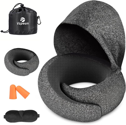 Travel Pillow - Hooded Neck Pillow Airplane Memory Foam Filling for Plane, Office, Cars Sleeping, Road Trip, Long Flights, Airplane Travel Essentials, Includes Eye Mask & Earplugs (Green)