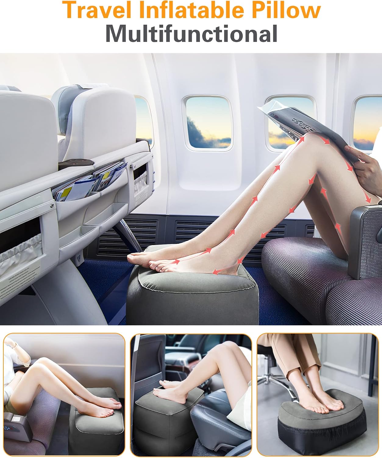 Sunany Inflatable Foot Rest Pillow for Travel, Kids/Adults Airplane Travel Pillow-Adjustable Height for Kids to Sleep While Traveling,Suitable for Airplane, Office, Home, Cars and Any Travel (1 Pack)