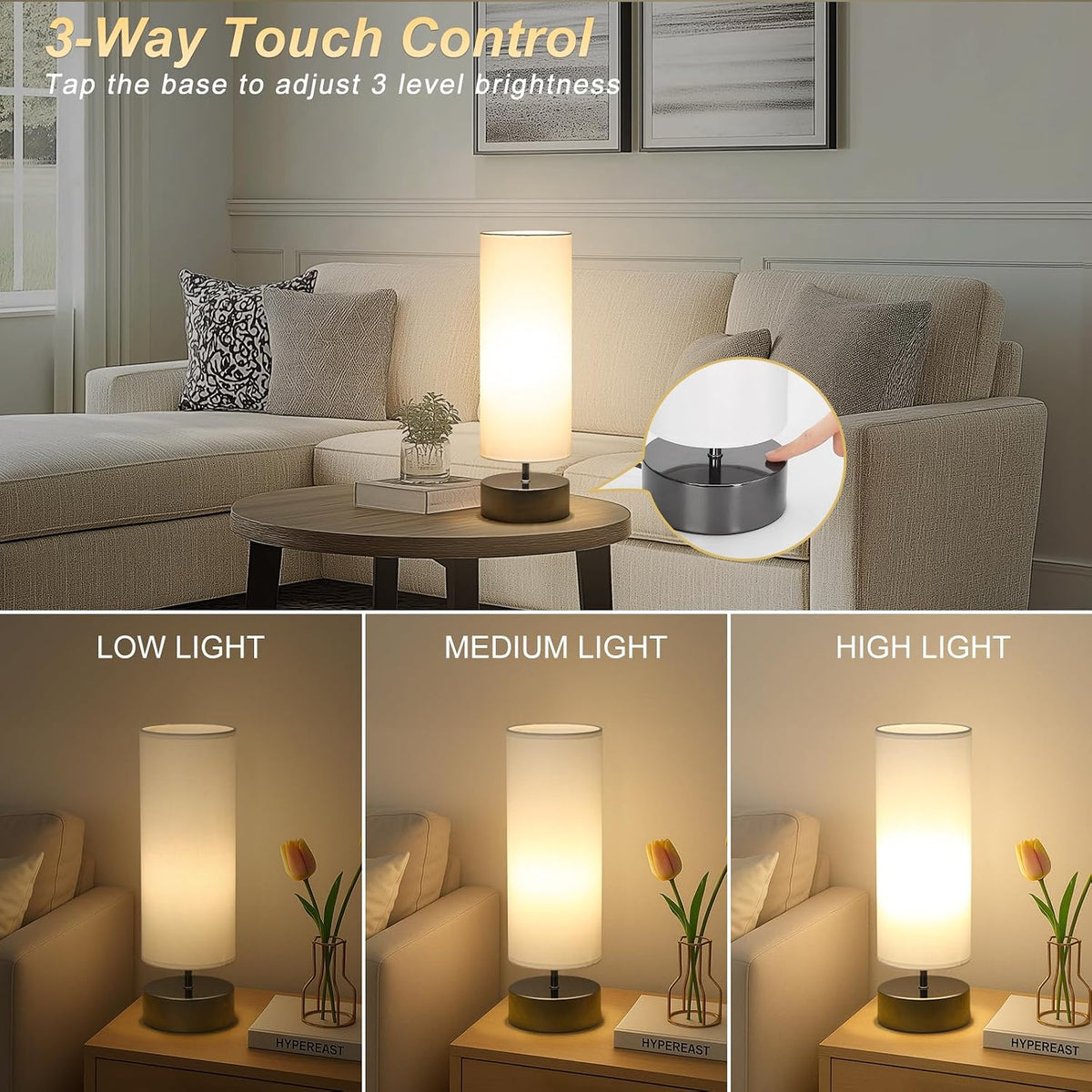 Touch Table Lamp, 3-Way Dimmable Bedside Lamp with Cylinder Fabric Shade