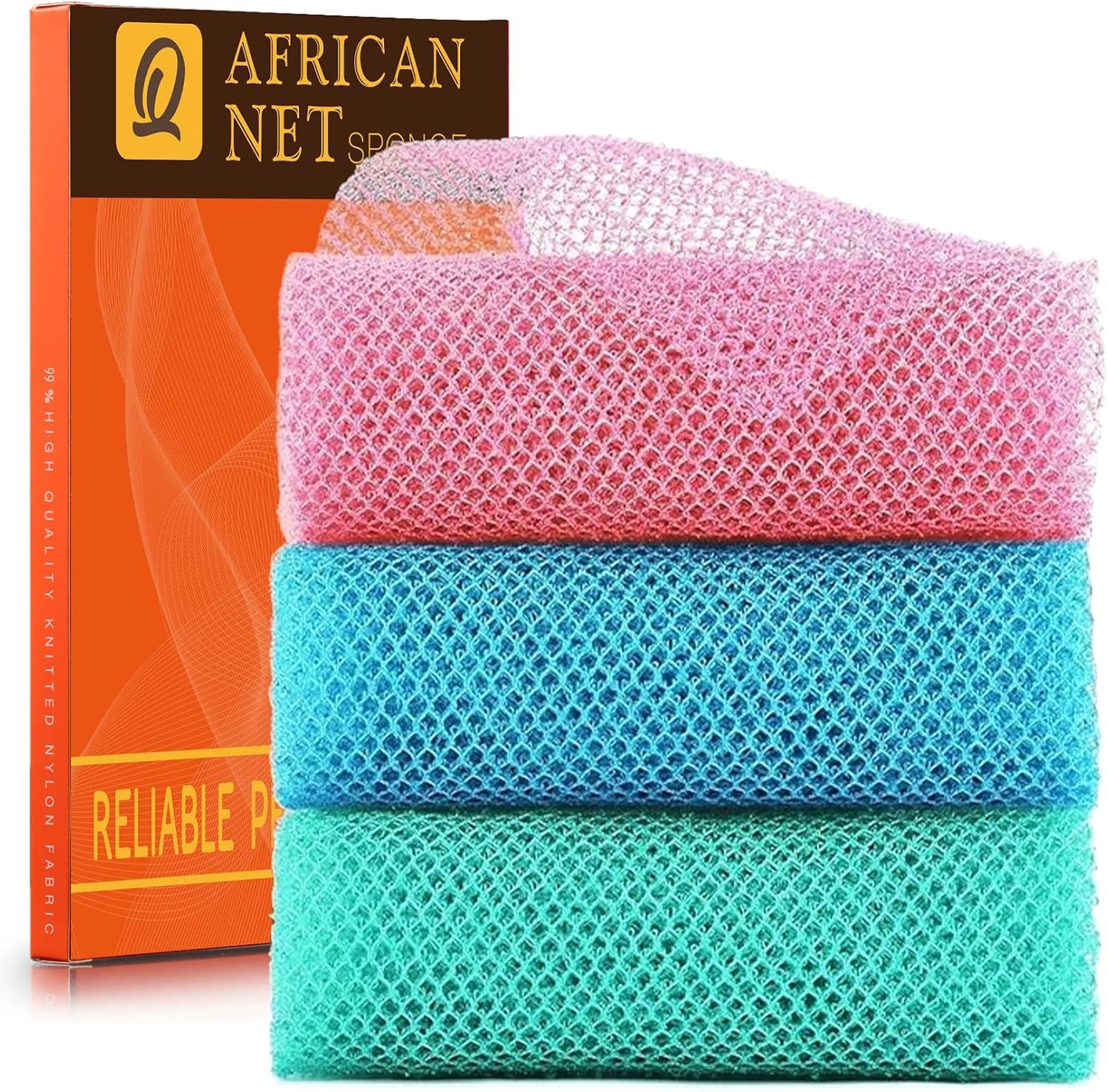 UJFQBH 3 Pieces African Bath Sponge African Net Long Net Bath Sponge Exfoliating Shower Body Scrubber Back Scrubber Skin Smoother,Great for Daily Use (Pink,Yellow,Purple)