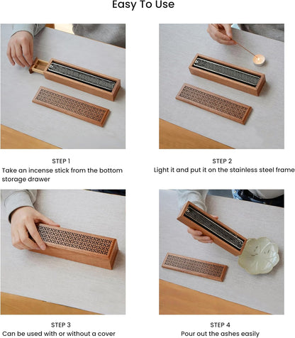 Incense Holder Burner,Coffin Incense Storage Box Holder for Sticks, Wooden Incense-Stick Holder & Ash Catcher for Meditation/Yoga Room/Bedroom/studyroom/Office (Incense Holder with Storage)