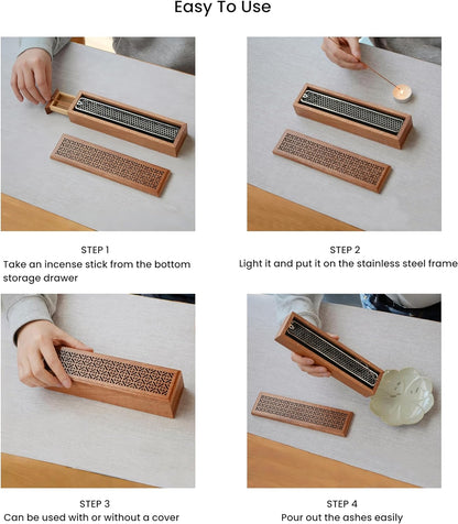 Incense Holder, Wooden Incense-Stick Holder Box with Storage & Ash Catcher,Coffin Incense Bunners for Meditation Yoga Spa Room (Natural Wood)