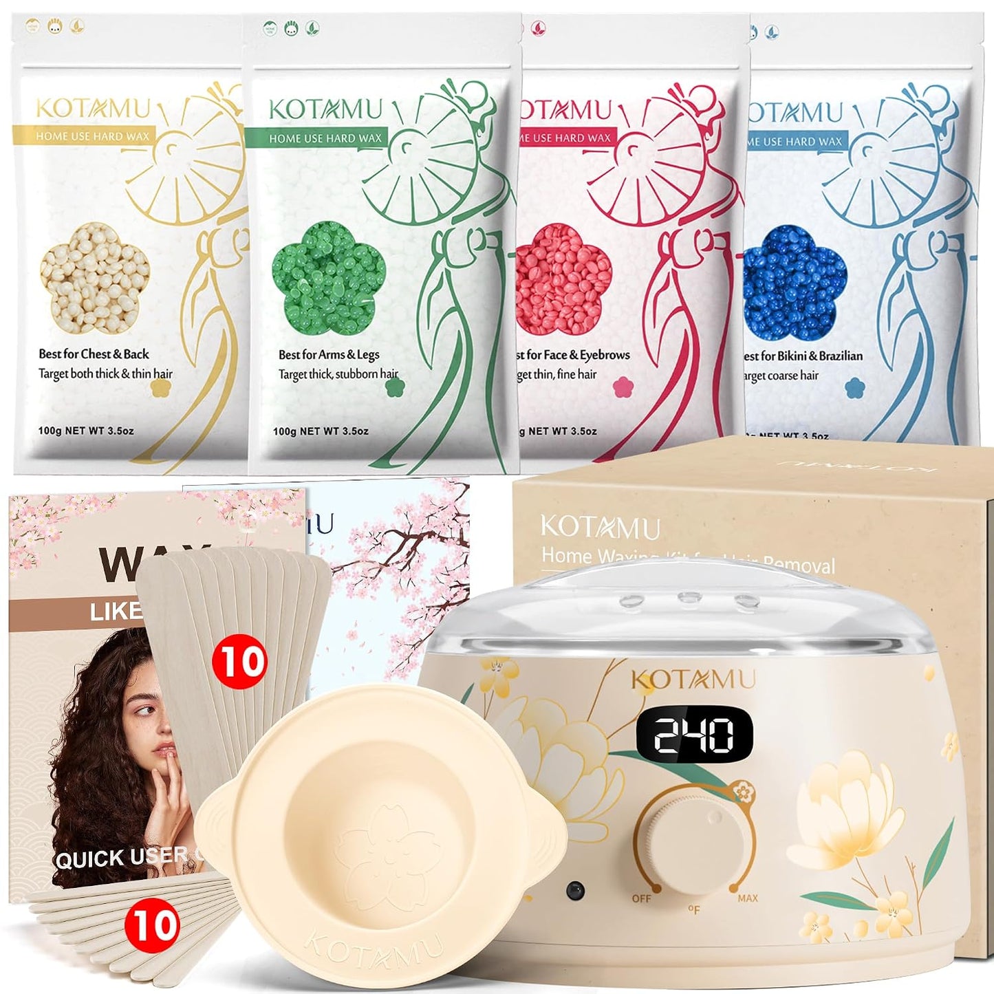 KOTAMU Waxing Kit for Women & Men, Pink Digital Wax Pot Warmer Hair Removal | Home Hard Wax Kit, Wax Machine, Face, Eyebrow, Bikini, Brazilian, Body, Sensitive Skin, 25 Accessories, Beginner-Friendly