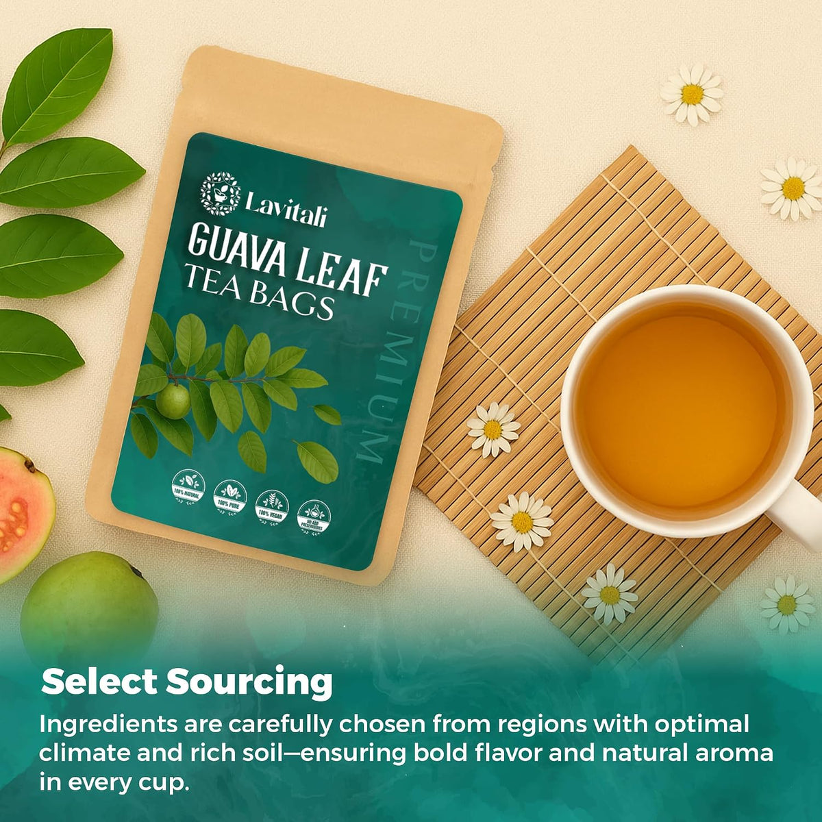 Lavitali, Guava Leaves Tea | 120 tea bags, 100% Pure Herbal Tea | Caffeine-Free, No Sugar, Eco-Friendly Filter Bags | Daily Natural Botanical, Hot or Iced Herbal Infusion