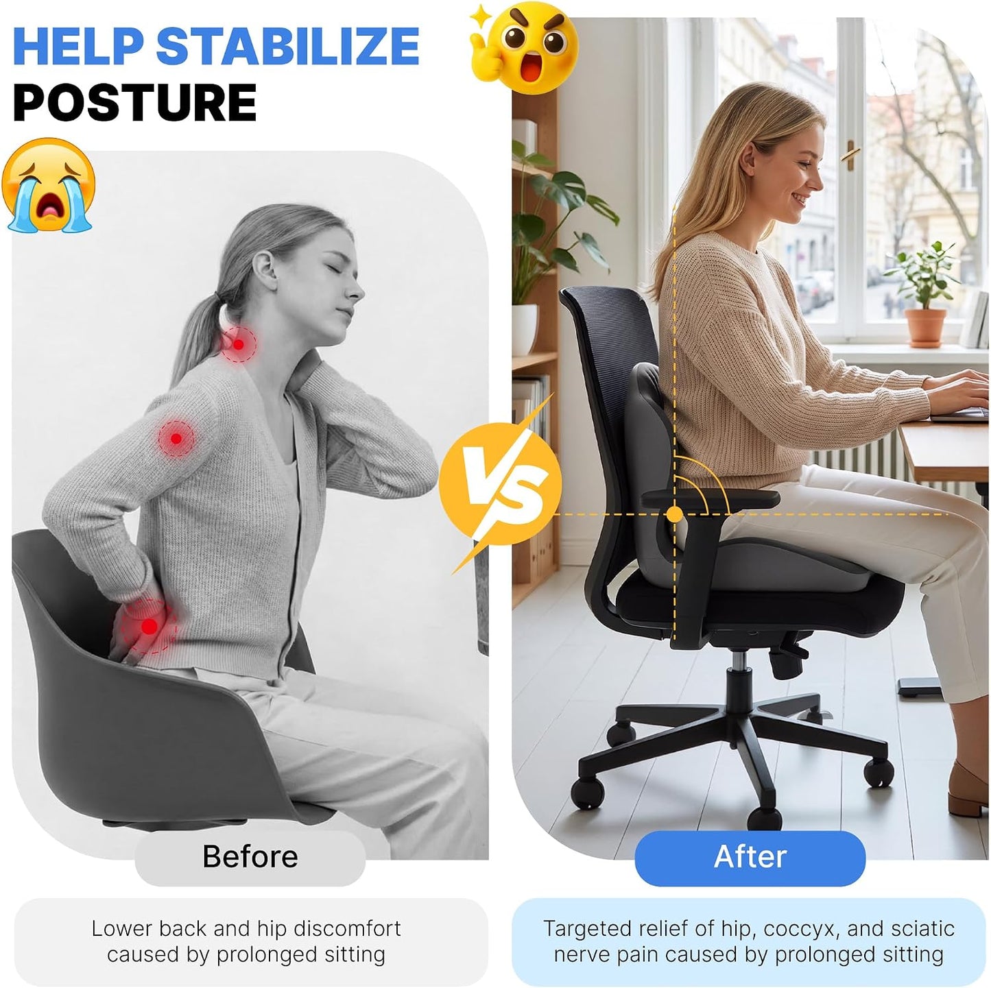 Ergonomic Seat Cushion, Office Chair Seat Cushions with L-Shaped Design, Memory Foam Orthopedic Cushion with Coccyx Hollow, Lumbar Support & Tailbone Pain Relief for Car, Truck, Gaming Chair (Black)