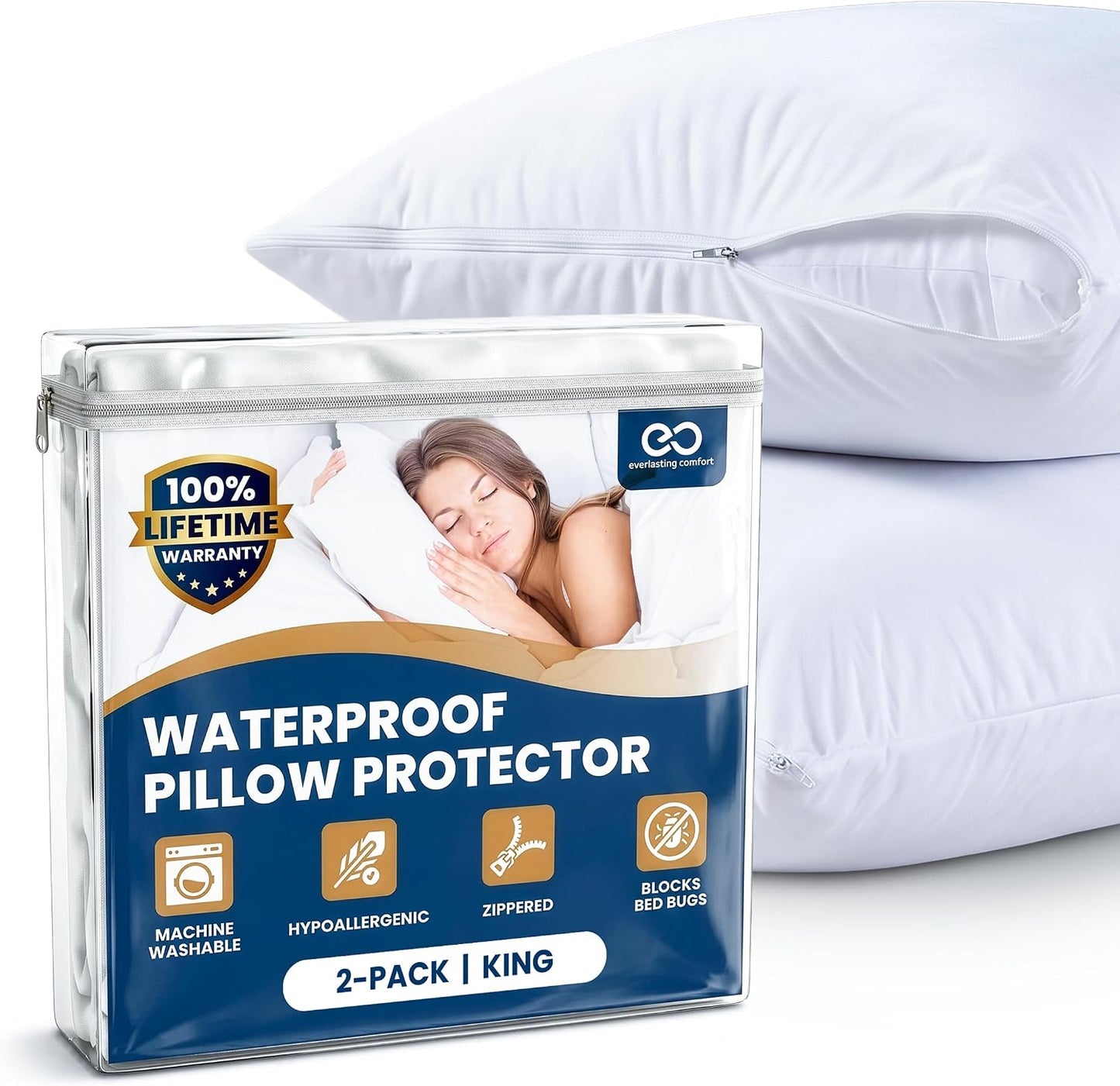 100% Stain Resistant & Waterproof Standard Size Pillow Protectors with Zipper Set of 2 - Bed Bug & Dust Mite Proof White Pillowcases - Breathable, Comfortable Covers for Pillows, 21 x 27 Inches