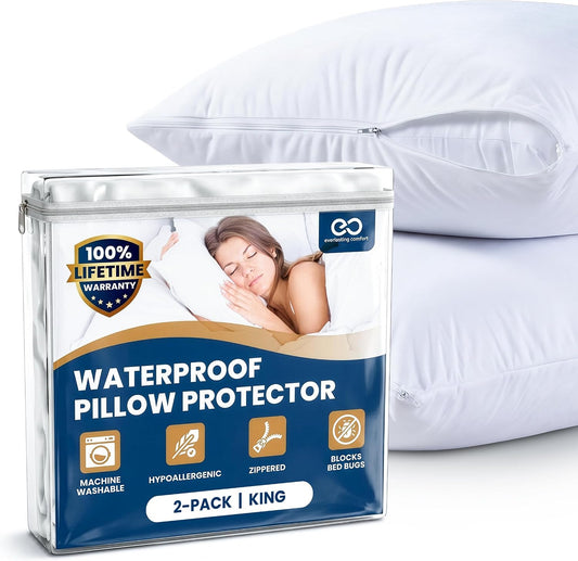 100% Stain Resistant & Waterproof Standard Size Pillow Protectors with Zipper Set of 2 - Bed Bug & Dust Mite Proof White Pillowcases - Breathable, Comfortable Covers for Pillows, 21 x 27 Inches