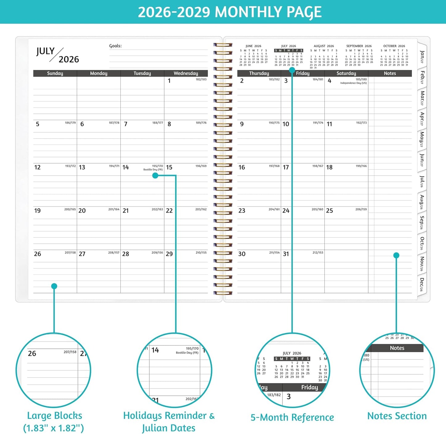 Monthly Planner 2026-2029, 36 Months Calendar Planner 2026-2029 from Jul 2026 – Jun 2029, 8.5'' x 11'' with Ruled Spread, Flexible Cover, Spiral Wirebound, Pocket, Coated Tabs, Notes ＆ Habit Tracker