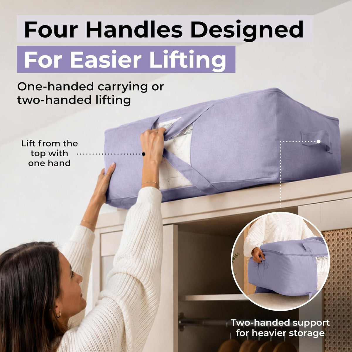 Soft Canvas Storage Bags with Zipper. Thick Breathable, 2pc King/Queen Comforter Organizer. Four Carrying Handles and Window. Large 25x19x9in Bag for Sheets Blankets Bedding Pillows, Clothes