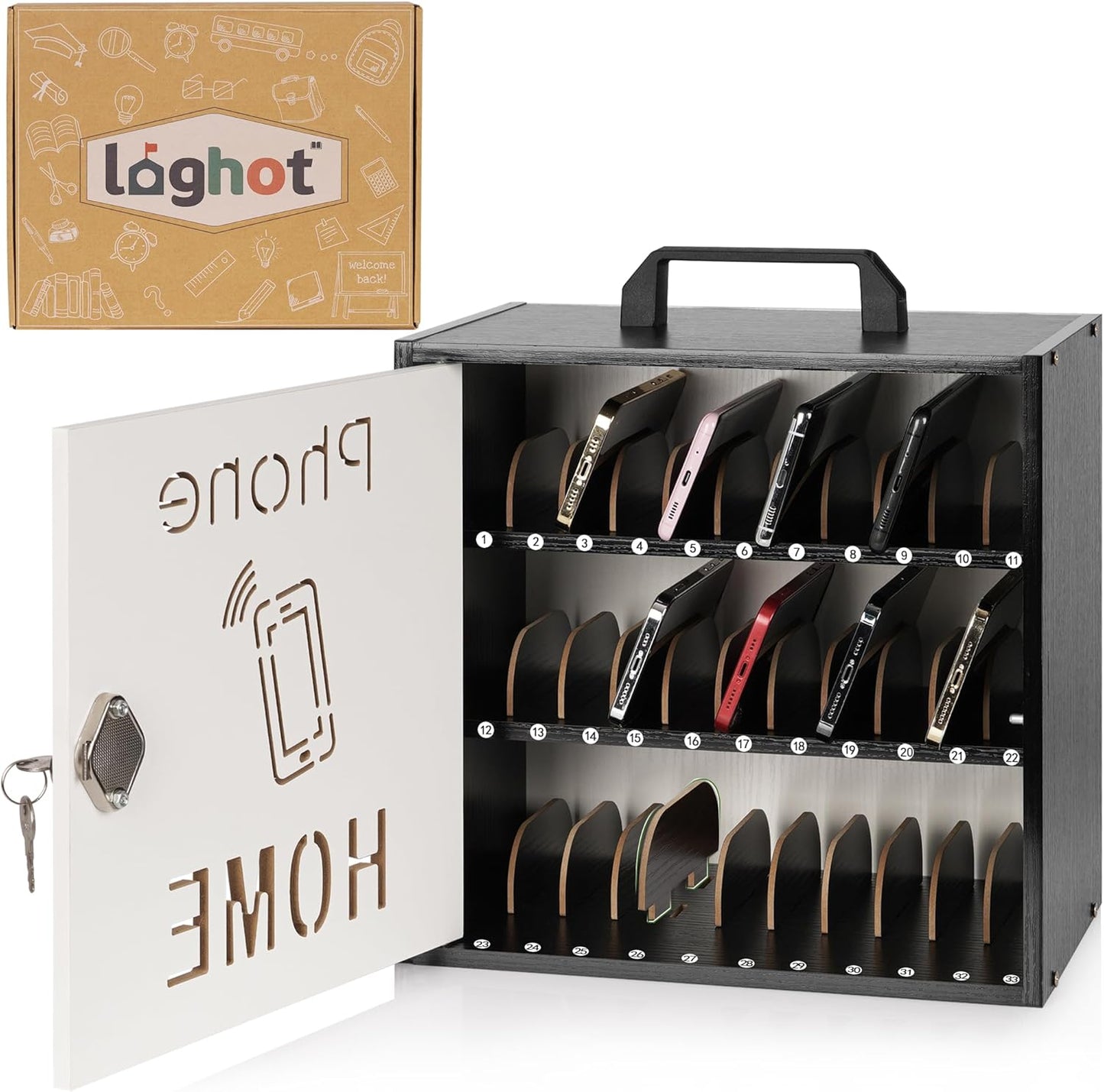 Wooden Phone Lock Box, Cell Phone Locker with 33 Adjustable Dividers | Phone Storage Cabinet with Security Lock & Handle, Desktop Phone Organizer for Classroom, Office & Repair Shops