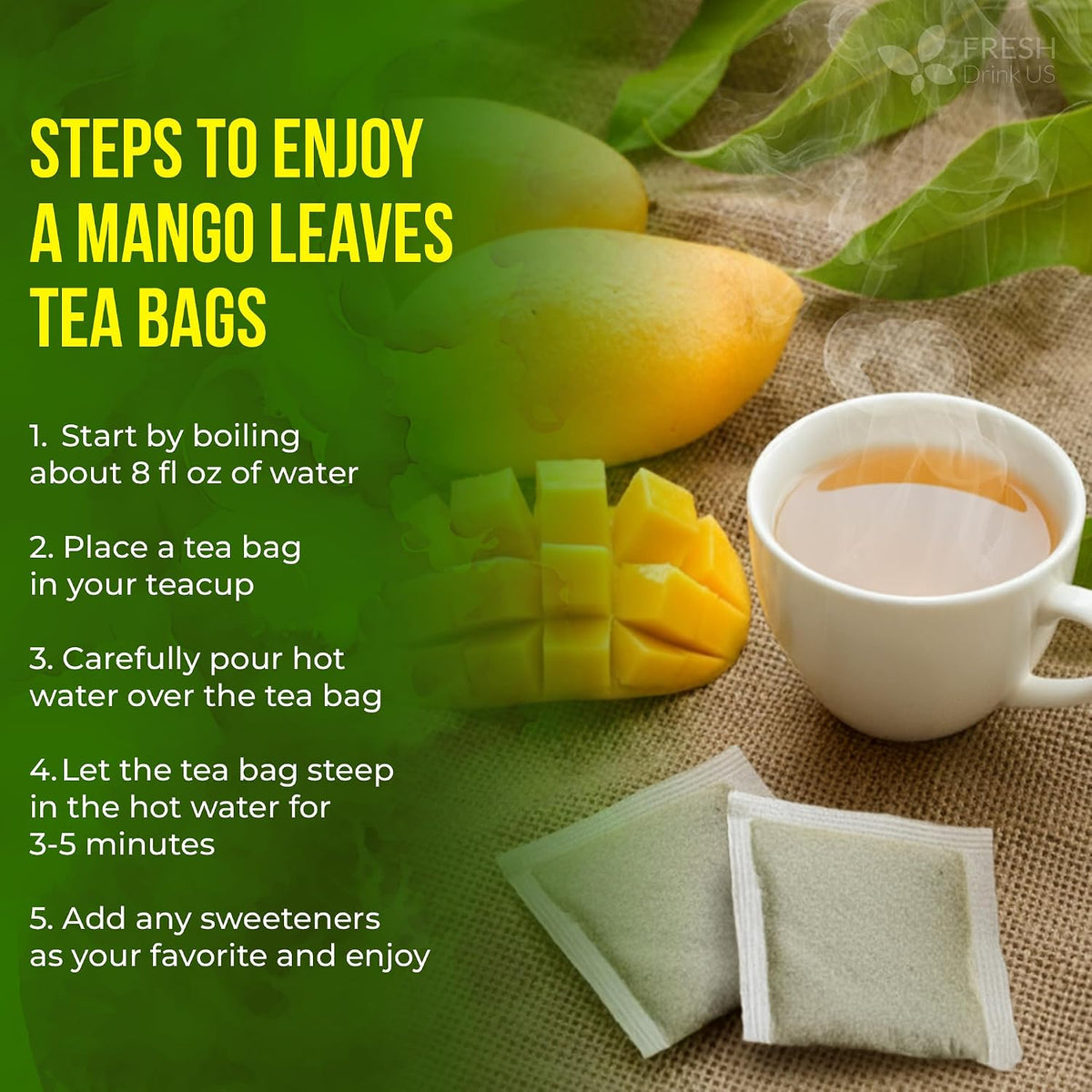 FreshDrinkUS, Premium 40 Mango Leaf Tea Bags, 100% Natural& Pure from Mango Leaves. Herbal Tea. No Sugar, No Caffeine, No Gluten, Vegan.