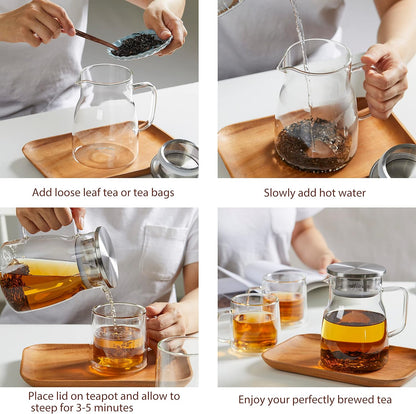 CNGLASS One-Touch Glass Teapot with Stainless Steel Filter Lid,20oz(600ml) Glear Tea Kettle Stovetop Safe,Borosilicate Glass Tea Pots for Loose Leaf Tea