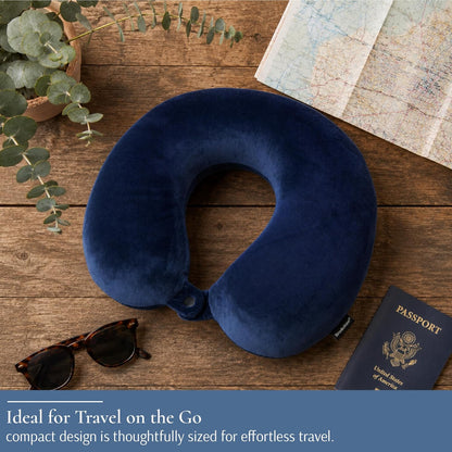 Brookstone Travel Neck Pillow - Lightweight U-Shaped Memory Foam Travel Pillow for Airplane, Car Travels & Sleeping, Blue