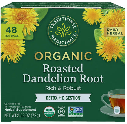 Traditional Medicinals Organic, Roasted, Dandelion Root Tea - Supports Normal Detox + Digestion - Kosher, Non-GMO, Caffeine-Free, Compostable - 16 Tea Bags, (Pack of 2)