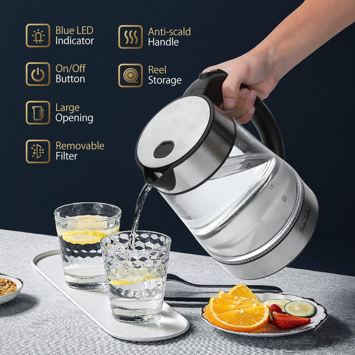 Taylor Swoden 1.7L Electric Tea Kettle, Glass Hot Water Boiler for Tea