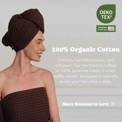 Luxury Organic Japanese Cotton Hair Drying Waffle Towel Wrap for Women | Absorbent, Quick-Dry Head Turban for Shower, Sauna, Spa | Extra Large for Long, Curly, Straight Hair With Button (White, 1 Pc)