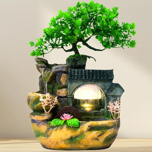 Tabletop Waterfall Fountain, Resin Indoor Water Fountain with Color-Changing LED Lights, Quiet Pump Small Rockery Water Feature with Faux Bonsai Tree for Home, Office, Bedroom, Relaxation Decor