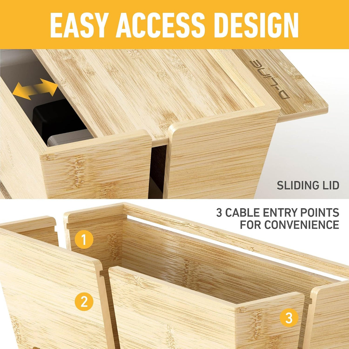 D-Line Bamboo Cable Management Box – Hide Power Strips, Large Cable Organizer Box for Home & Office, Wooden Cord Organiser for Desk, TV & Floor – Natural Finish