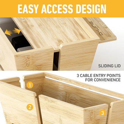 D-Line Bamboo Cable Management Box – Hide Power Strips, Large Cable Organizer Box for Home & Office, Wooden Cord Organiser for Desk, TV & Floor – Natural Finish