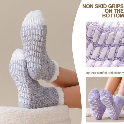 5 Pairs Fuzzy Socks with Grips for Women, Non Slip Cozy Fluffy Soft Socks, Winter Sleep Slipper Hospital