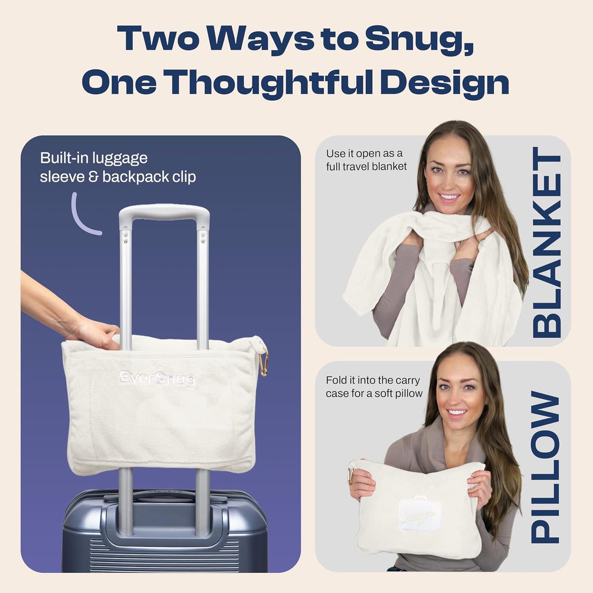 EverSnug Travel Blanket and Pillow - Premium Soft 2 in 1 Airplane Blanket with Soft Bag Pillowcase, Hand Luggage Sleeve and Backpack Clip (Grey)