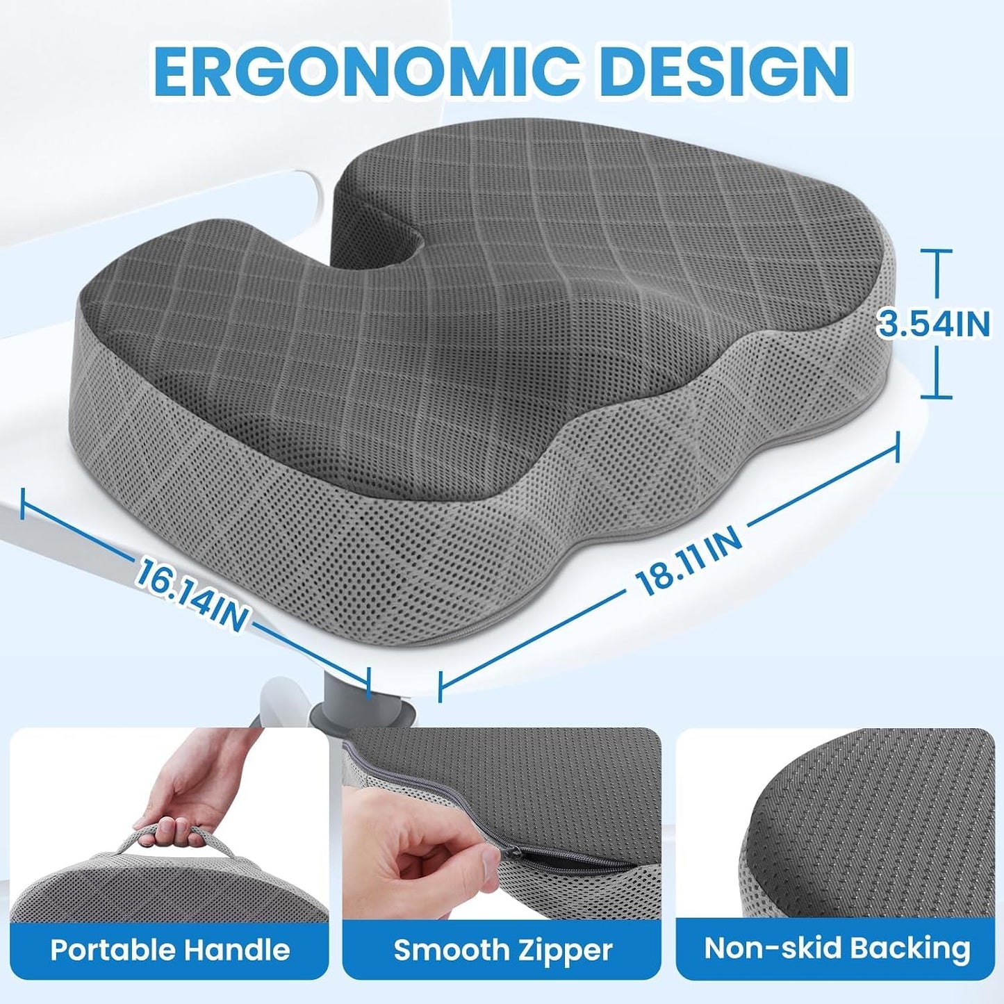 TushGuard Seat Cushion - Memory Foam Sitting Pillow for Office Chair, Car Seat, Airplane, Bleacher - Sciatica & Hip & Coccyx Pain Relief Desk Chair Cushion for Long Sitting Office Workers, Car Drivers