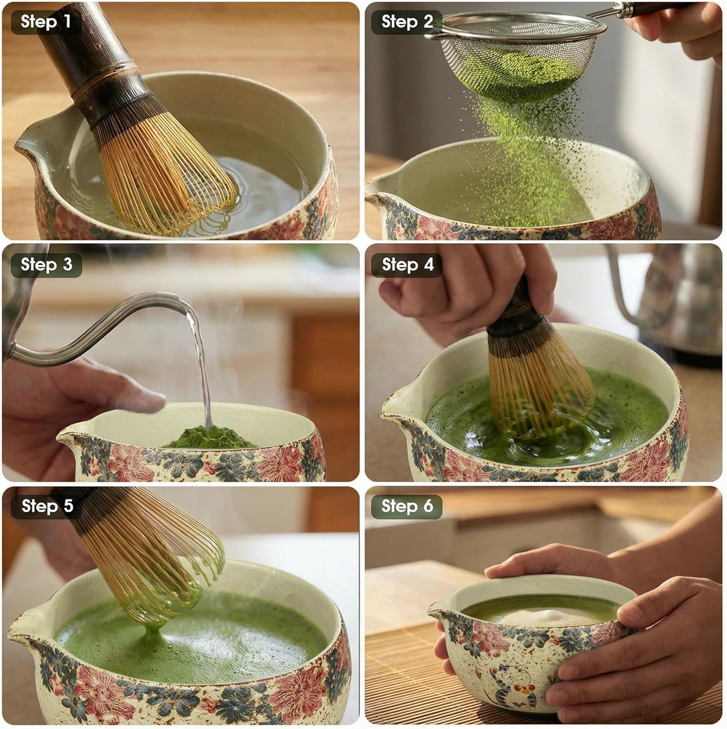 Matcha Whisk Set, 7-Piece Matcha Kit with Ceramic Bowl, Bamboo Whisk, Scoop, Sifter, Holder & Bamboo Mat – Premium Matcha Tea Set for Beginners & Matcha Lovers