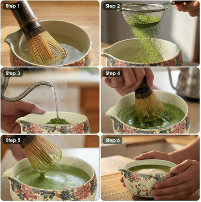 Matcha Whisk Set, 7-Piece Matcha Kit with Ceramic Bowl, Bamboo Whisk, Scoop, Sifter, Holder & Bamboo Mat – Premium Matcha Tea Set for Beginners & Matcha Lovers