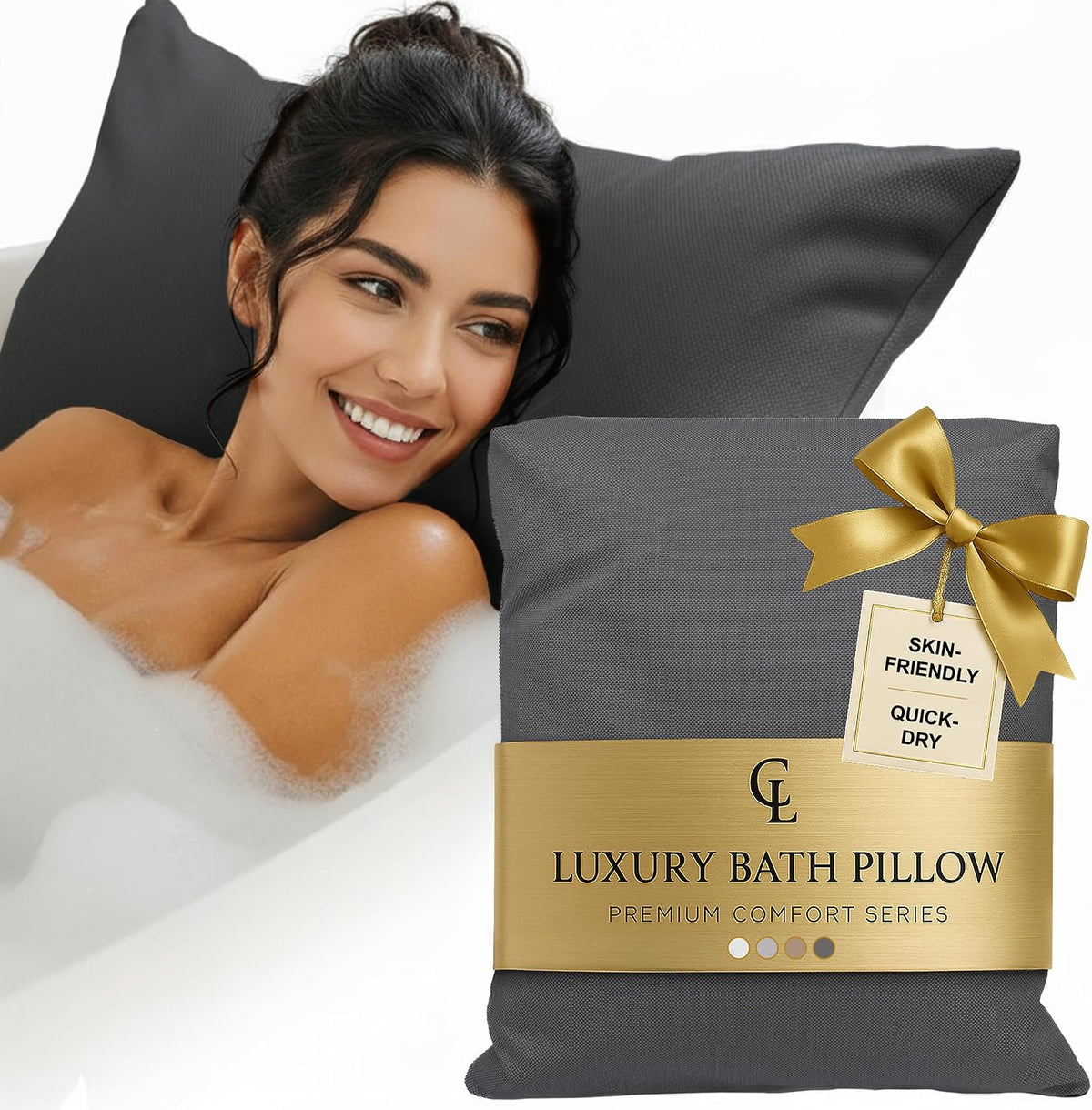 Luxury Bath Pillow for Tub - Thick and Comfortable Bathtub Pillow Support for Head and Neck and Back - Washable Quick-Drying Bath Pillows - Bath Cushion for Home Spa - Fits Any Bathtub - Light Gray