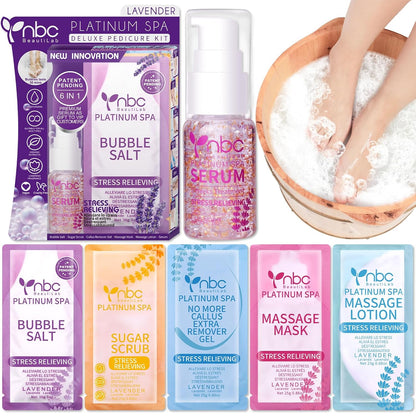 Pedicure Kit Foot Soak Set: Bubble Salt, Sugar Scrub, Massage Mask, Massage Lotion in a Box, 4 Step Foot Spa Kit for Dry Feet, Softens Calluses, Tired Feet（3 Set Lavender) - Colors B