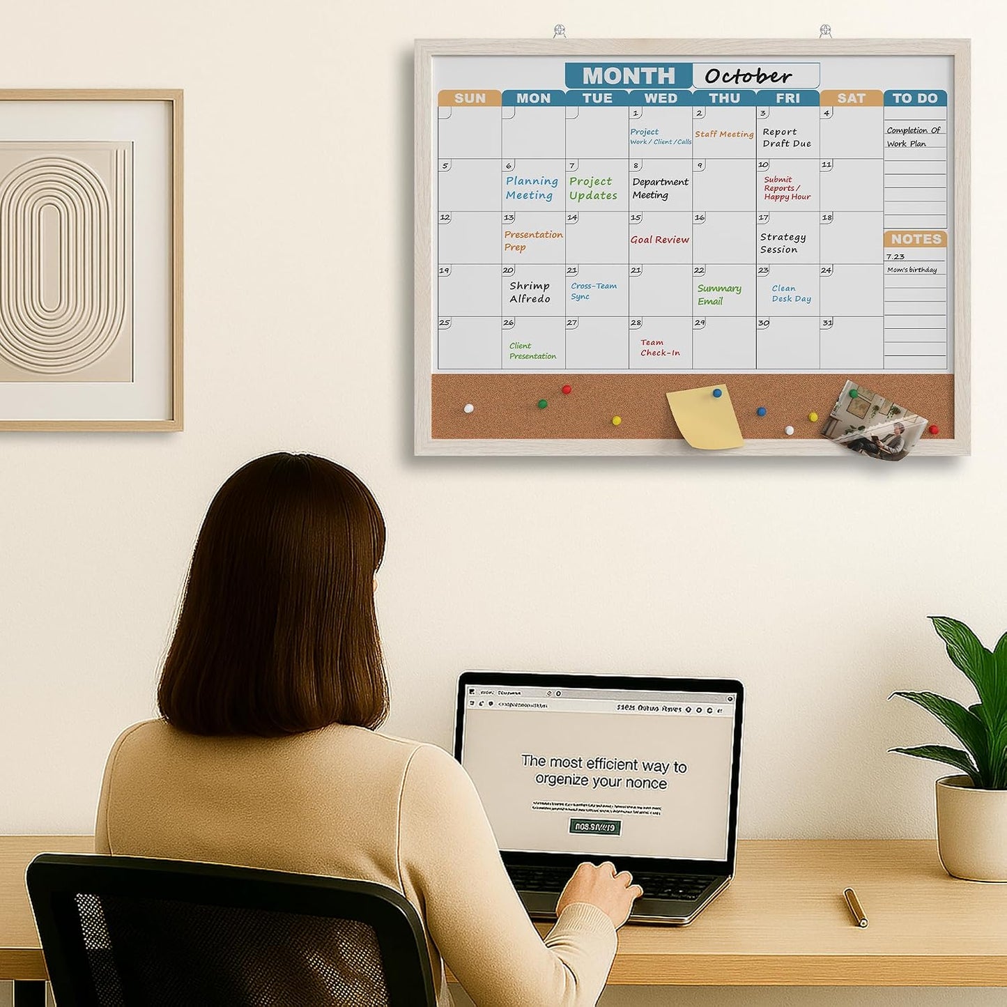 Monthly Calendar Dry Erase Board 16x12 Inch, Double-Sided Whiteboard and Corkboard Combo, Wall Mounted Planner Organizer with Markers, Magnets, Push Pins, Eraser, for Home Office School
