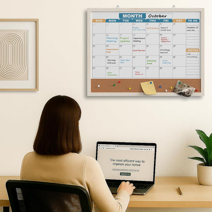 Monthly Calendar Dry Erase Board 16x12 Inch, Double-Sided Whiteboard and Corkboard Combo, Wall Mounted Planner Organizer with Markers, Magnets, Push Pins, Eraser, for Home Office School