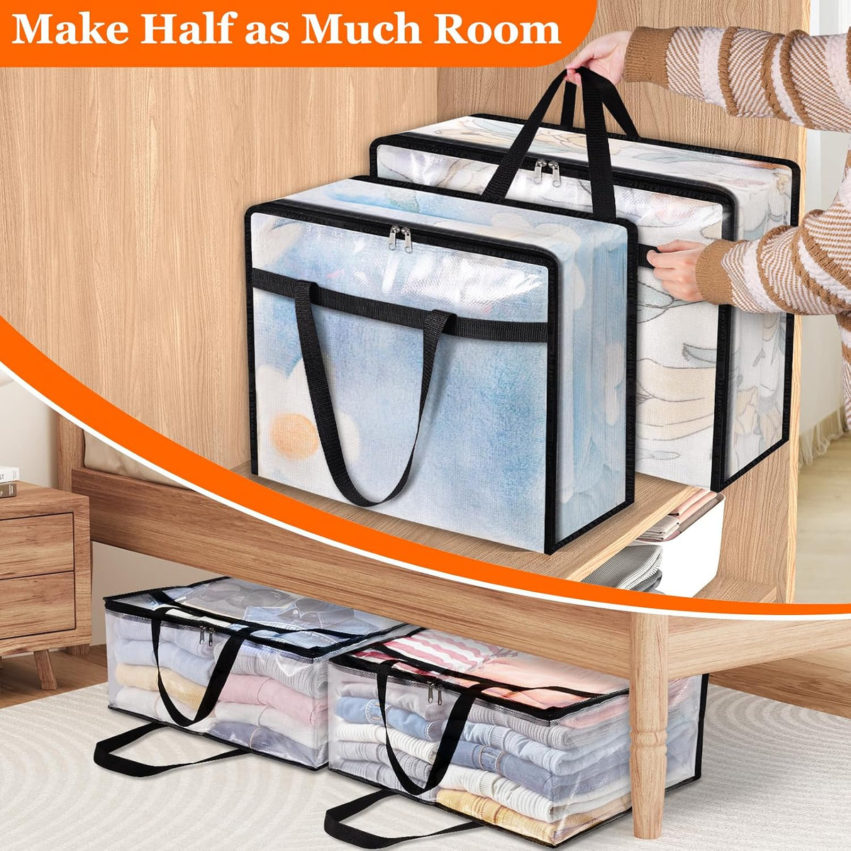 TasticTotes 6 Pack Clear Storage Bags for Comforter, Clothes & Bedding, 40L