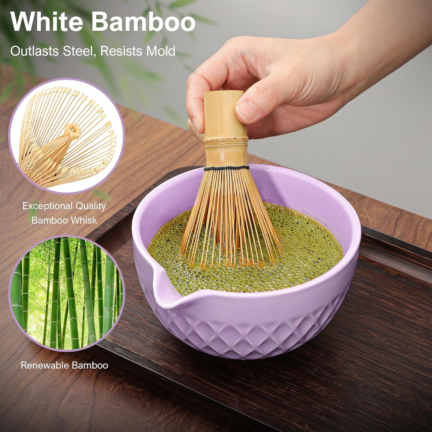 Matcha Whisk Set, 7 Pcs Matcha Kit, Ceramic Matcha Set Includes Matcha Bowl with Spout, Matcha Whisk and Holder, Bamboo Scoop, Scoop Rest, Sifter and Tea Towel (Ceramic White)