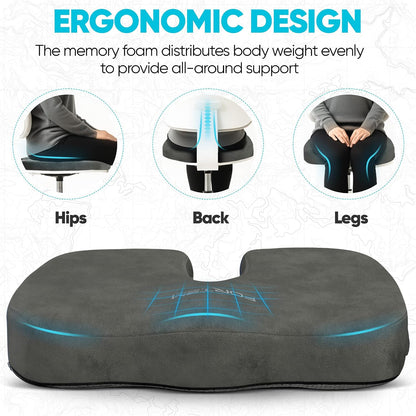 FORTEM Seat Cushion, Office Chair Cushion, Memory Foam Car Seat Cushions, Sciatica Coccyx Tailbone Pain Relief, Chair Cushions for Back Support, Sitting Pad for Gaming, Washable Cover, Non Slip