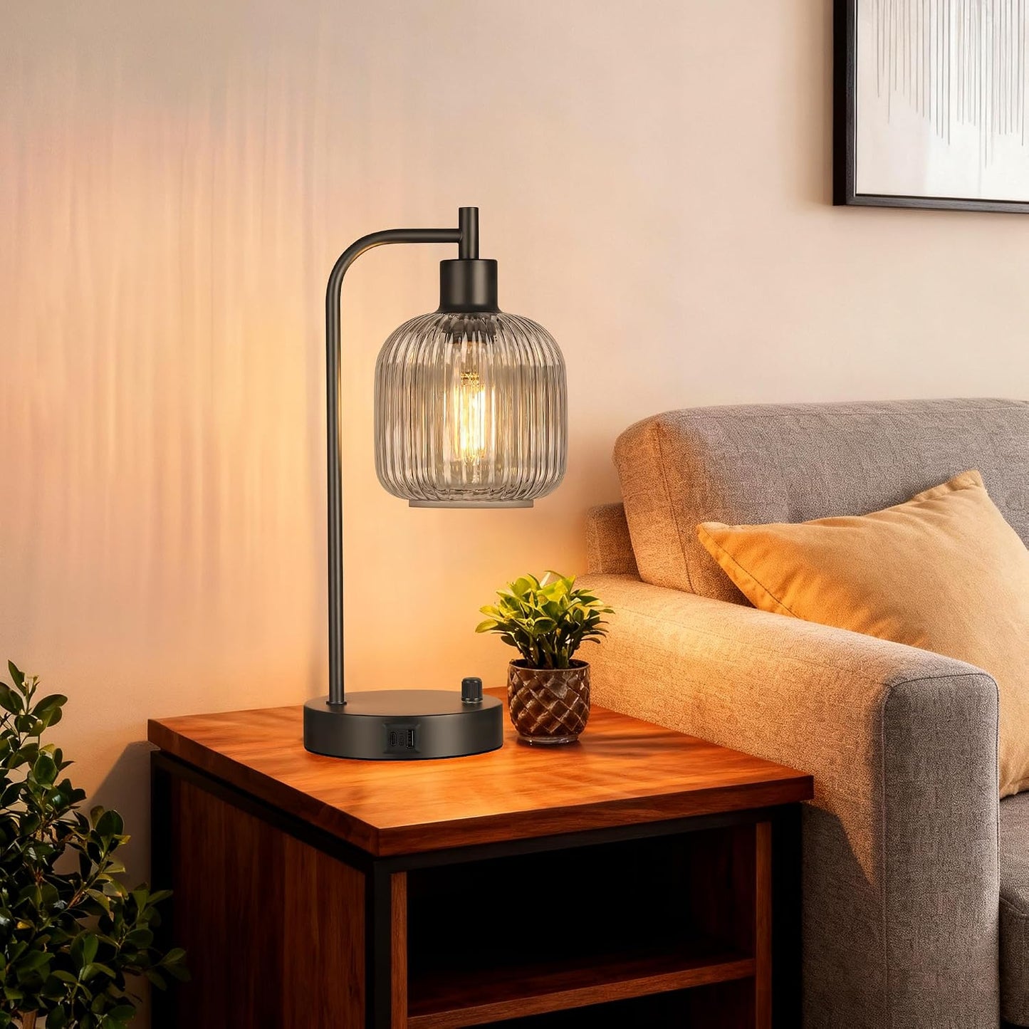 QiMH Industrial Table Lamp for Bedroom Set of 2, Green Glass Beside Lamp with USB A&C Ports, Stepless Dimmable Gold Lamps, Nightstand Lamps for Living Room, Office, Home Decor(Bulb Included)